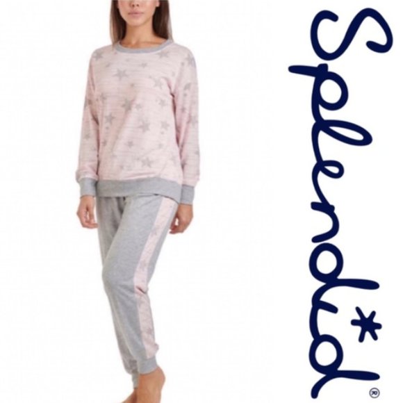 Splendid 2 Piece Pink & Gray Stars Pajama Set - Picture 1 of 7